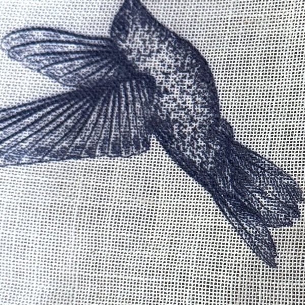 Hummingbird Toile curtains, Estate Blue, close up