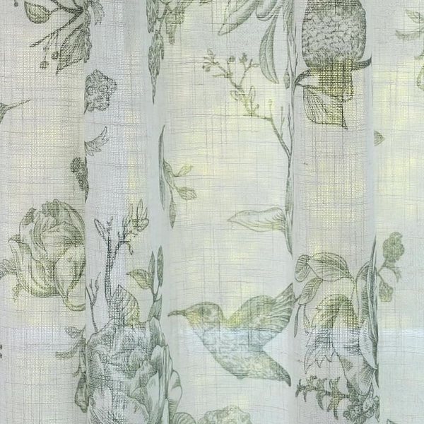 Hummingbird Toile curtains, Sage, close up