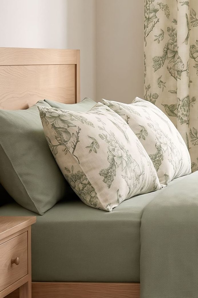 A bed made in sage sheets with toile pillows