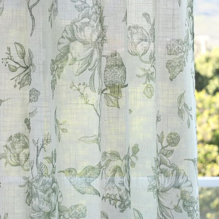 Close-up of the Hummingbird Toile print in Sage