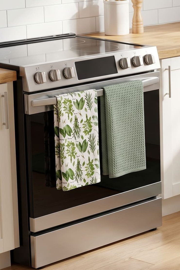 A herb-print kitchen towel and a sage waffle towel hanging on an oven