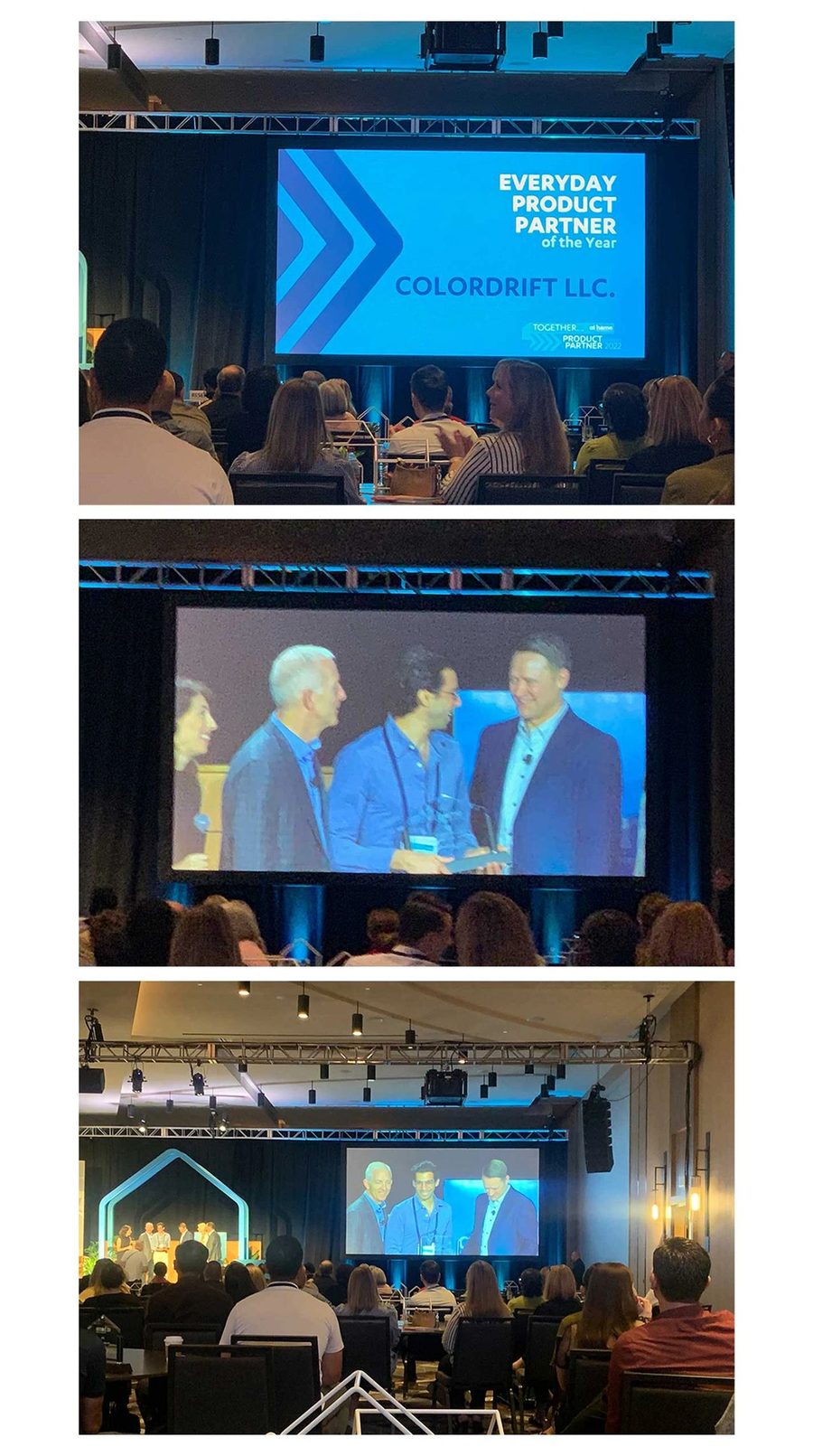 A conference stage slide naming Colordrift LLC Everyday Product Partner of the Year