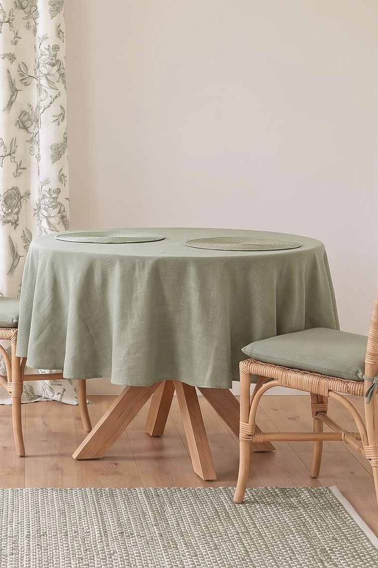 A small round table in a sage tablecloth with sage chair pads