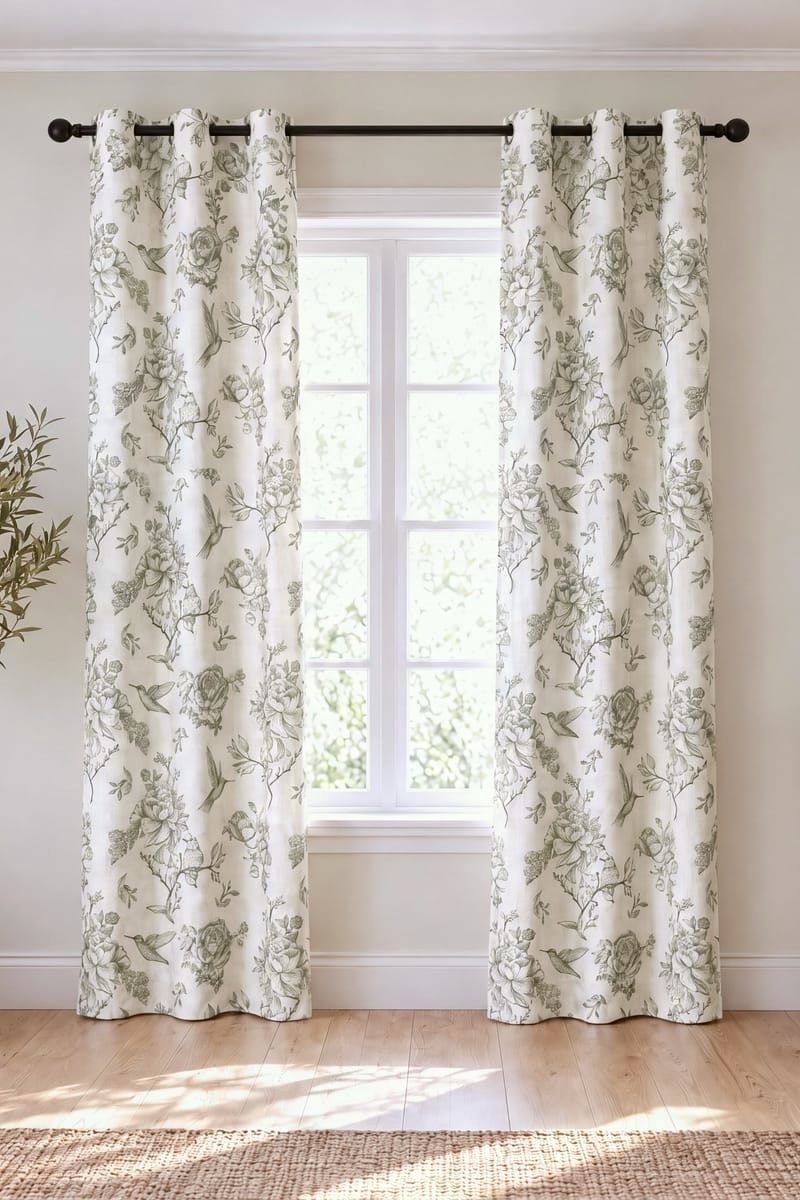 Hummingbird Toile curtains in Sage at a bright window