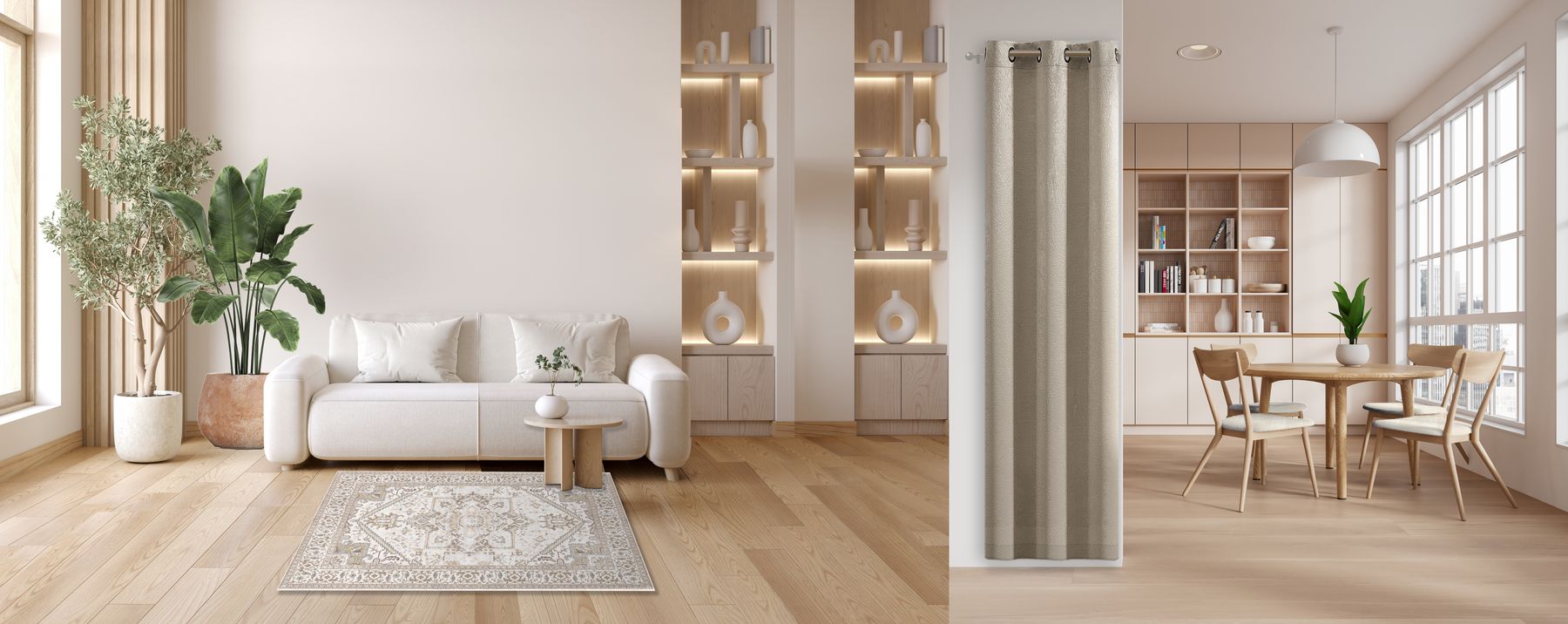 An open living and dining room in warm neutrals: a cream sofa on an accent rug, a Pacifica curtain panel in Natural hung beside the opening to the dining room, and cream chair pads on the four dining chairs